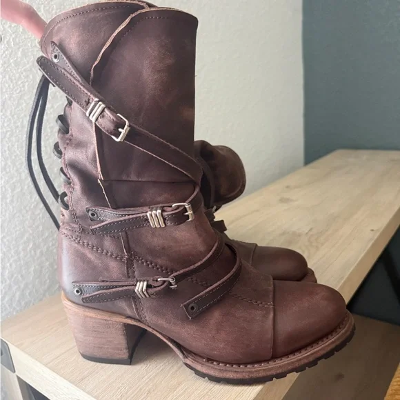 freebird Distressed Brown Leather Buckle Mid-Calf Heeled Boots - Picture 5 of 6